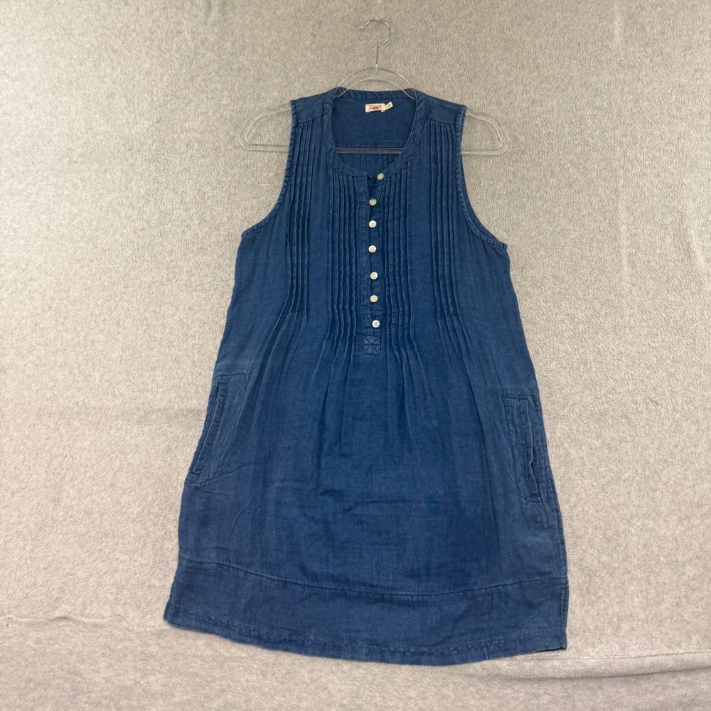 Faherty Pintuck Dress Women S Tunic Blue Organic Cotton Sleeveless Henley Pocket